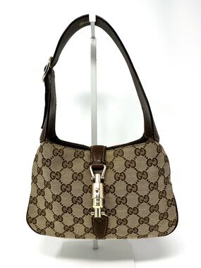 Gucci Mini Jackie GG Logo Monogram Shoulder Bag Purse Beige Canvas Brown Leather